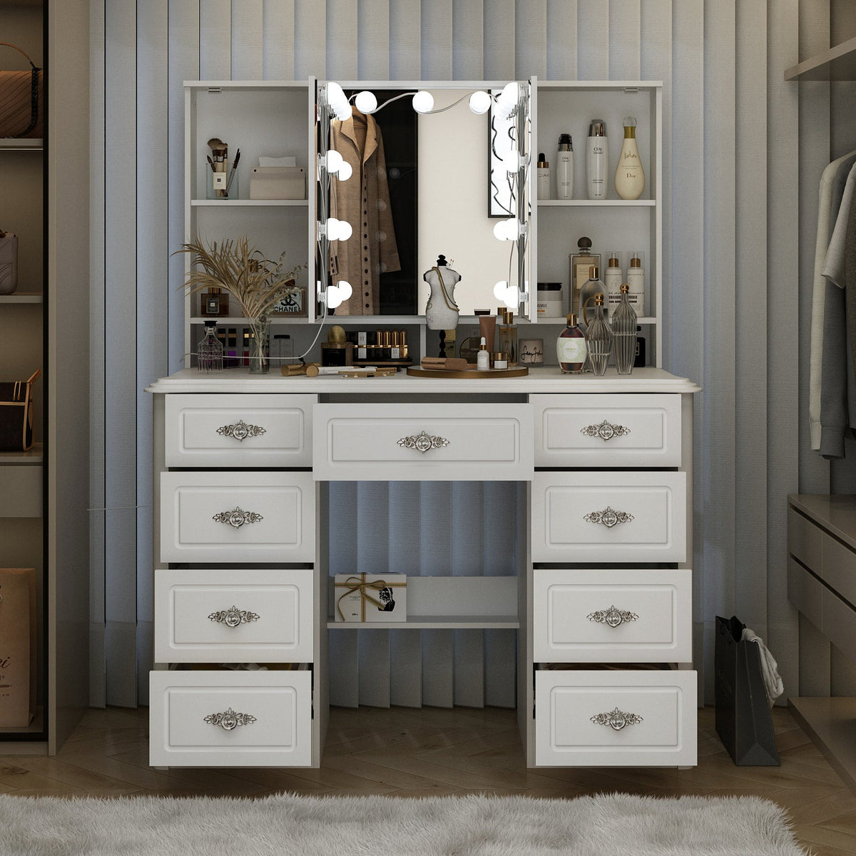 Table de toilette moderne minimaliste blanche de 110 cm avec 7 tiroirs, lumières et miroir