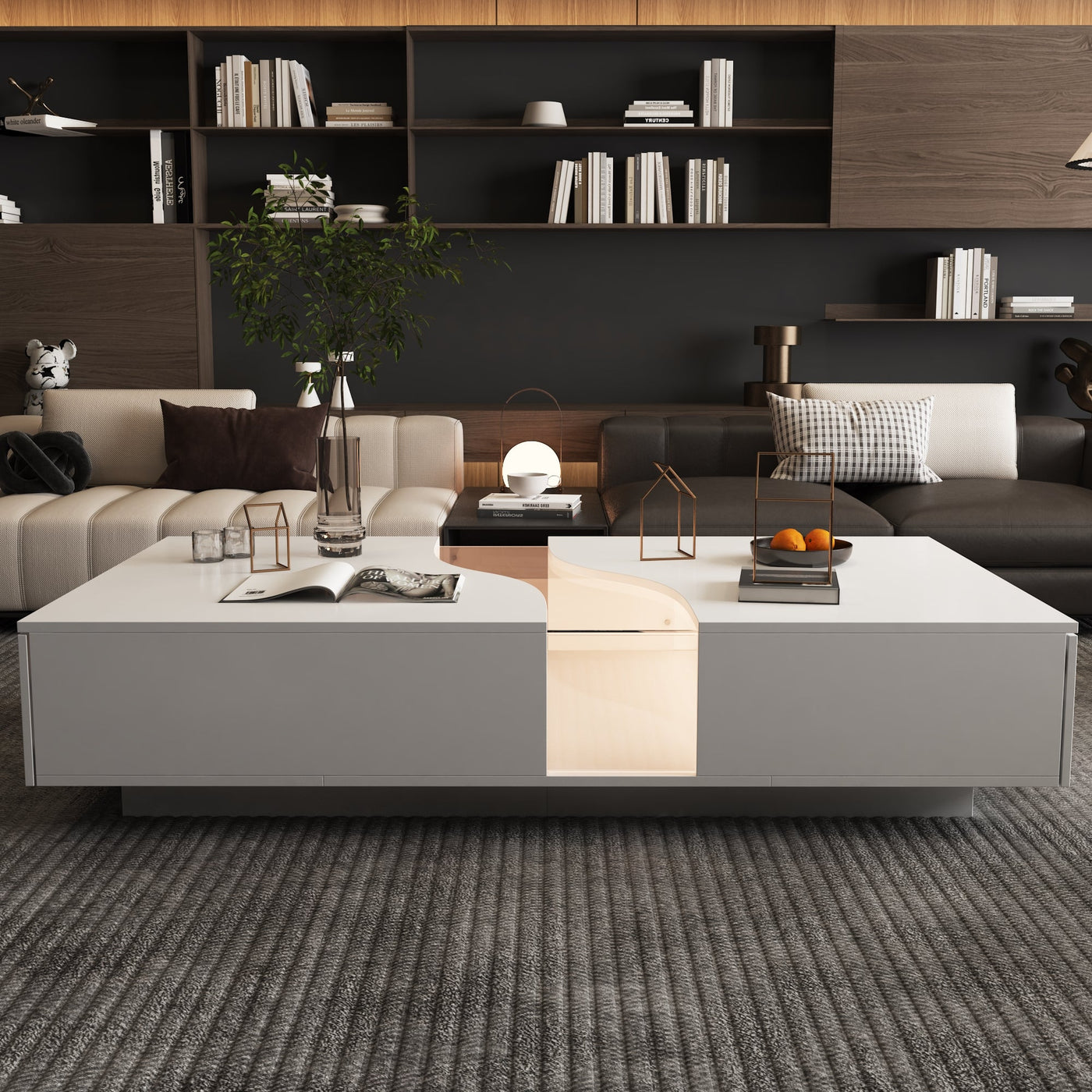 140 cm Modern Minimalist White Coffee Table With Light And Glass Finish In The Middle