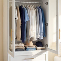 81 cm Modern White Glass Door Armoire with Hanging Rod and 3 Drawers
