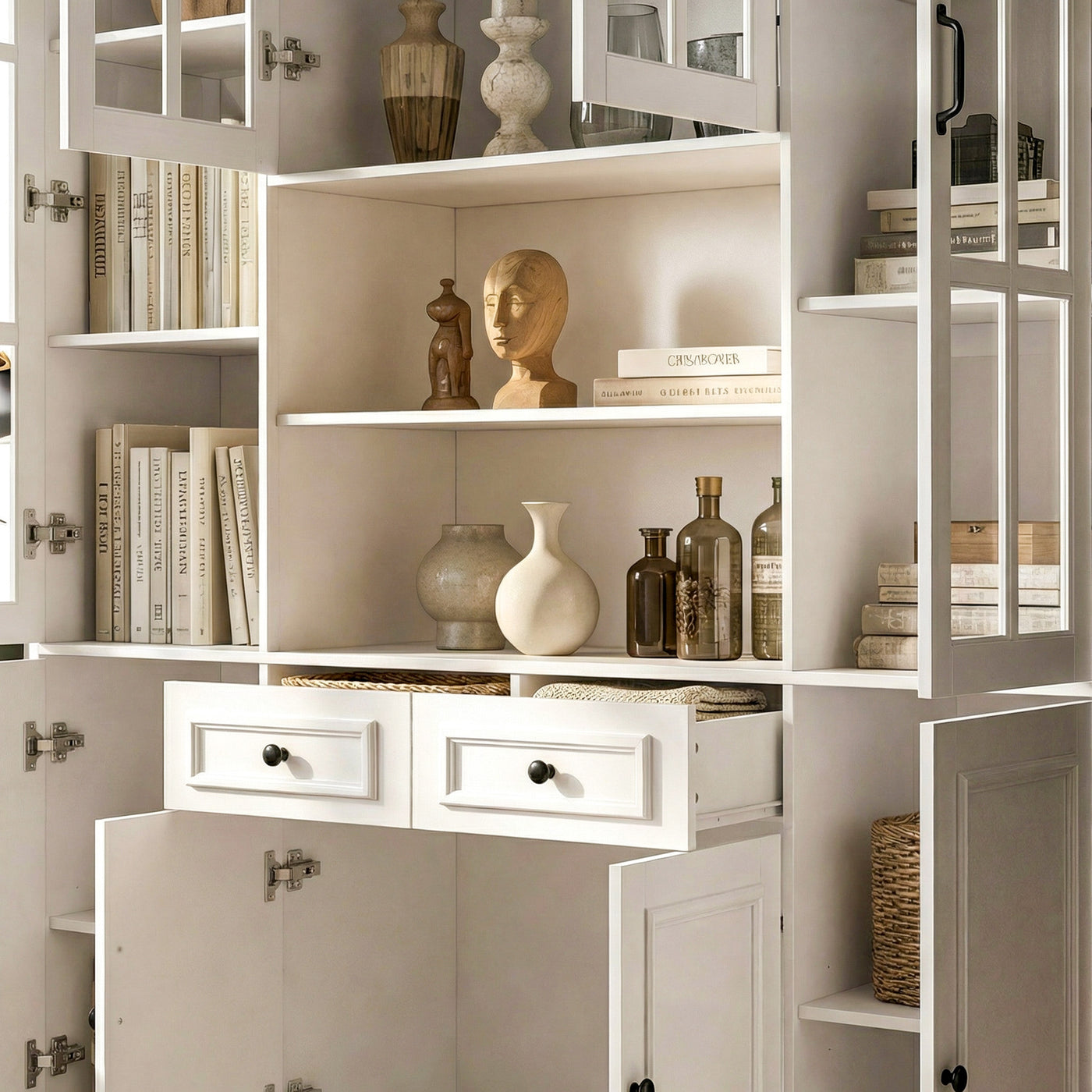 160 cm Modern White 2-Drawer Bookcase with Glass Doors