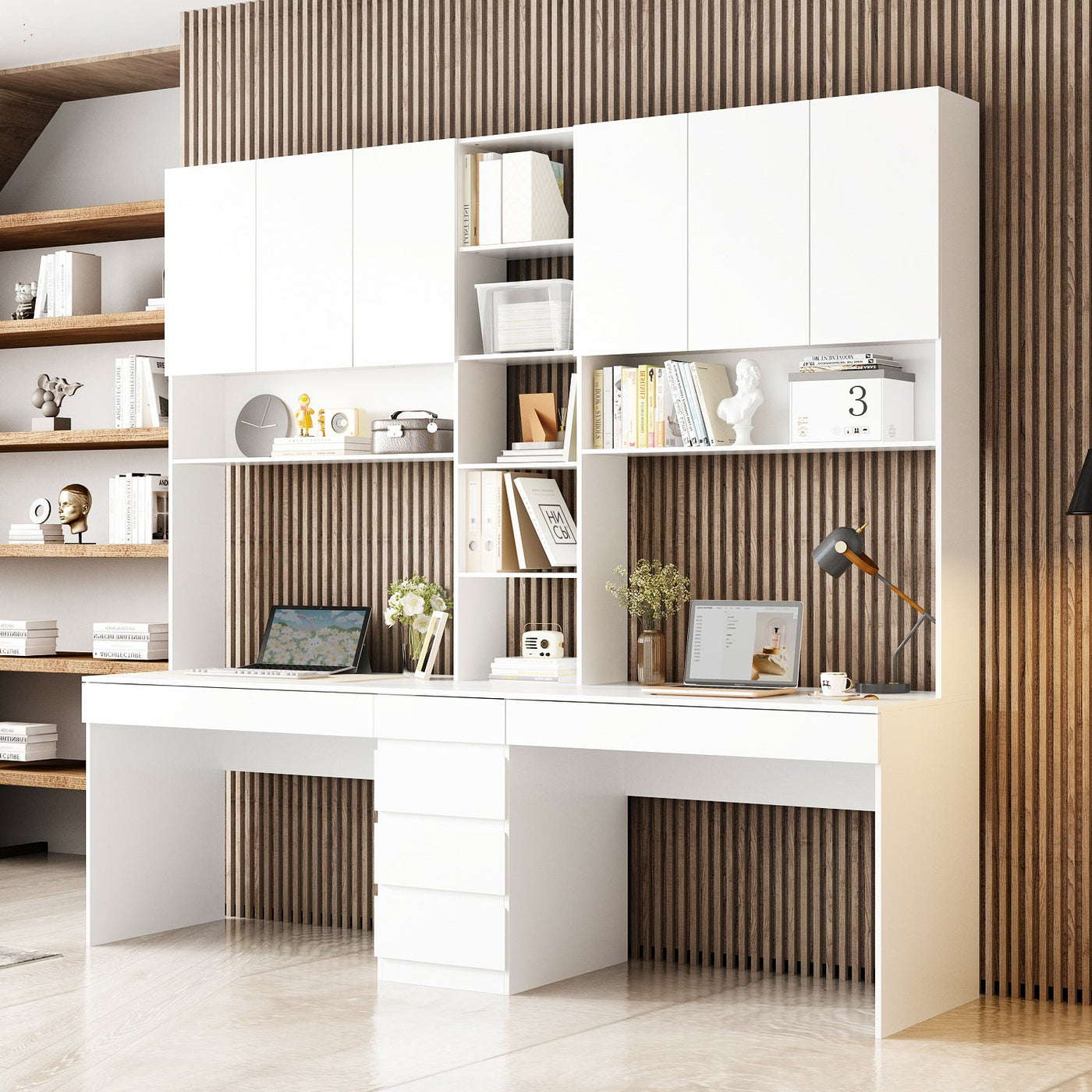 240 cm Modern White Desk with Hinged Doors and Pull-out Drawers