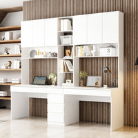 240 cm Modern White Desk with Hinged Doors and Pull-out Drawers