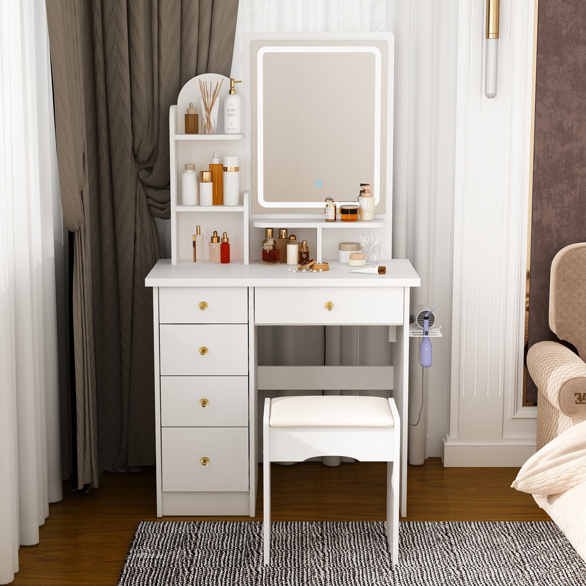 Coiffeuse moderne blanche élégante de 80 cm avec prise, miroir LED et tabouret