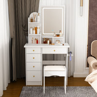 Coiffeuse moderne blanche élégante de 80 cm avec prise, miroir LED et tabouret