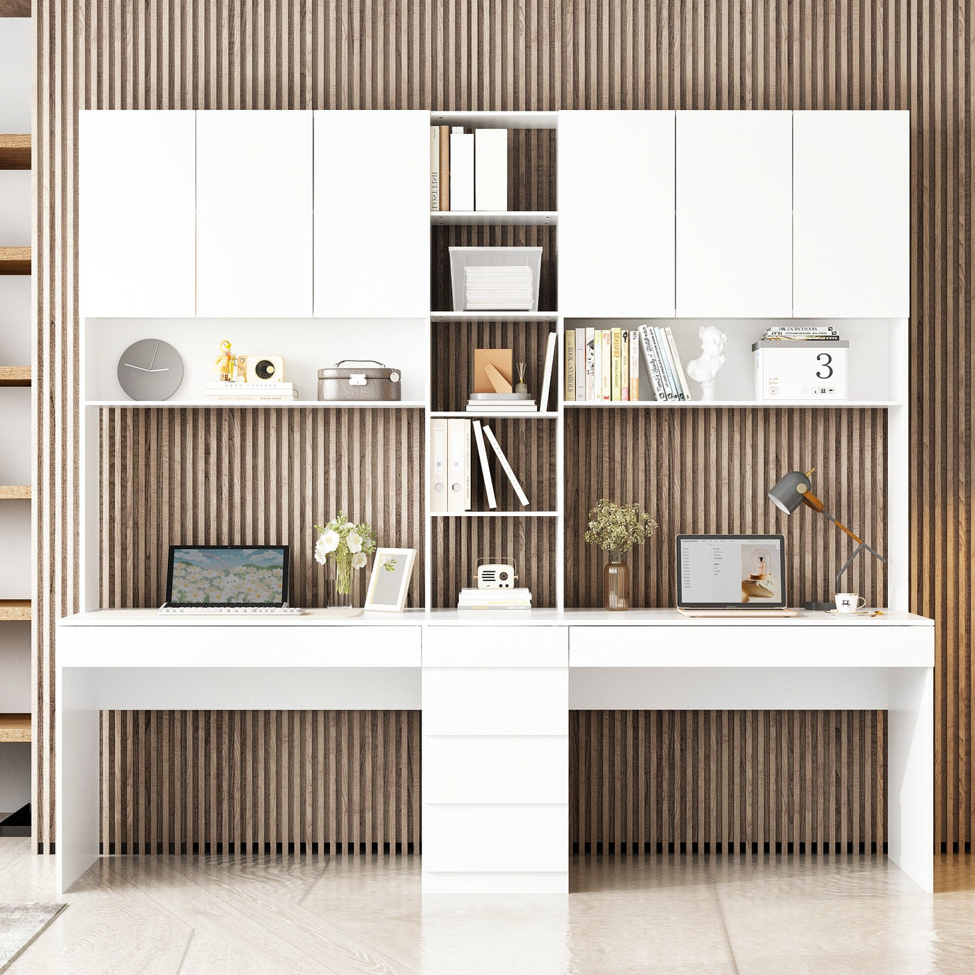 240 cm Modern White Desk with Hinged Doors and Pull-out Drawers