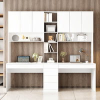 240 cm Modern White Desk with Hinged Doors and Pull-out Drawers
