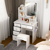 Coiffeuse moderne blanche élégante de 80 cm avec prise, miroir LED et tabouret