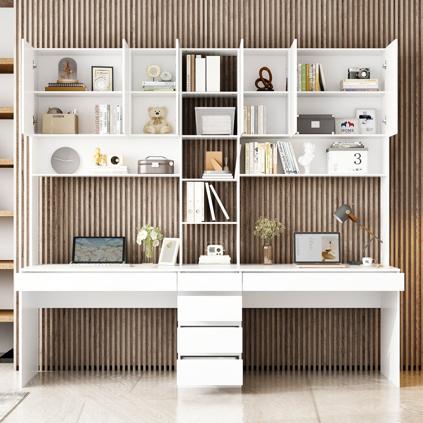 240 cm Modern White Desk with Hinged Doors and Pull-out Drawers