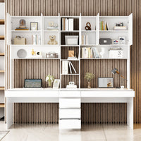 240 cm Modern White Desk with Hinged Doors and Pull-out Drawers