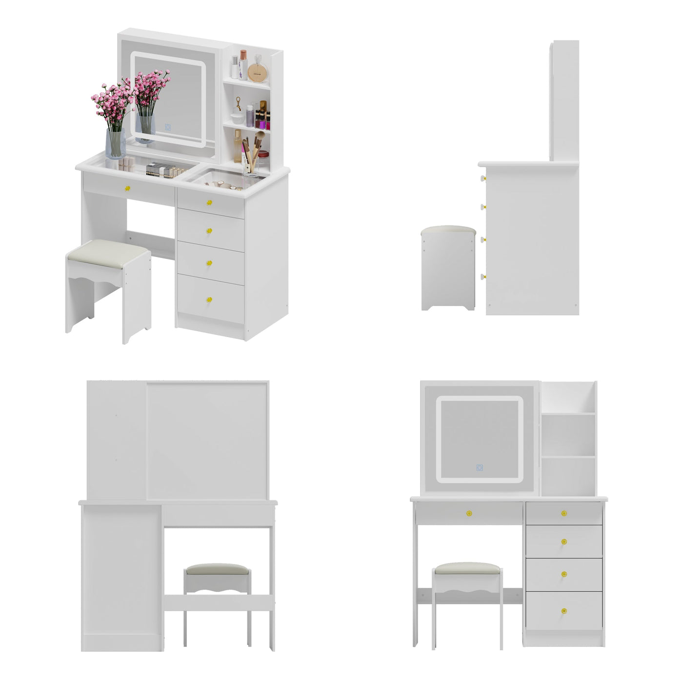 Table de toilette moderne blanche de 39,4 pouces, coiffeuse avec grand miroir coulissant éclairé et 5 tiroirs, étagères cachées