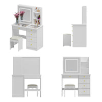 Table de toilette moderne blanche de 39,4 pouces, coiffeuse avec grand miroir coulissant éclairé et 5 tiroirs, étagères cachées