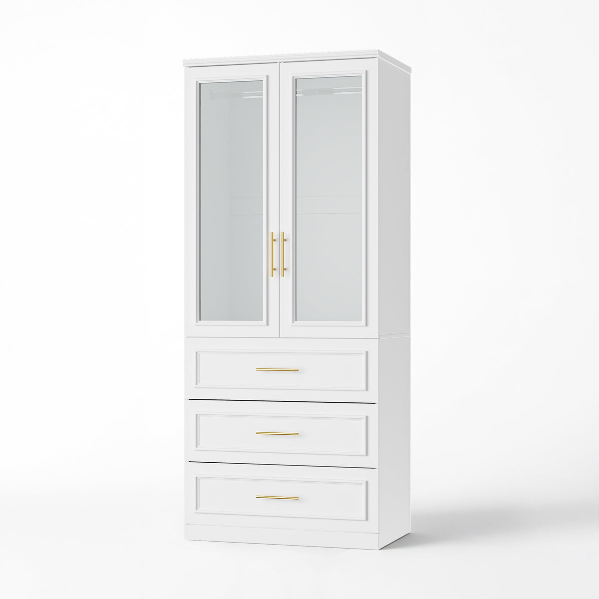 81 cm Modern White Glass Door Armoire with Hanging Rod and 3 Drawers