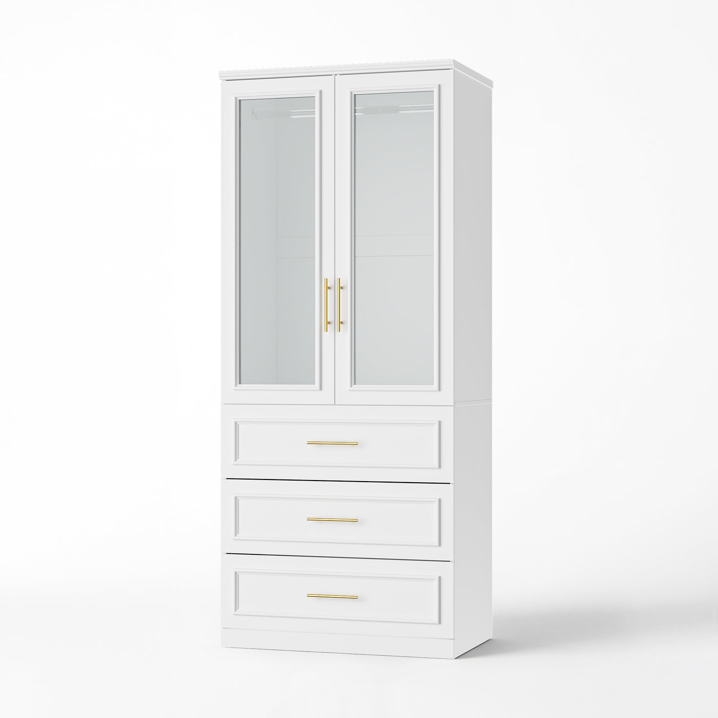 81 cm Modern White Glass Door Armoire with Hanging Rod and 3 Drawers