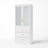 81 cm Modern White Glass Door Armoire with Hanging Rod and 3 Drawers