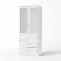 81 cm Modern White Glass Door Armoire with Hanging Rod and 3 Drawers