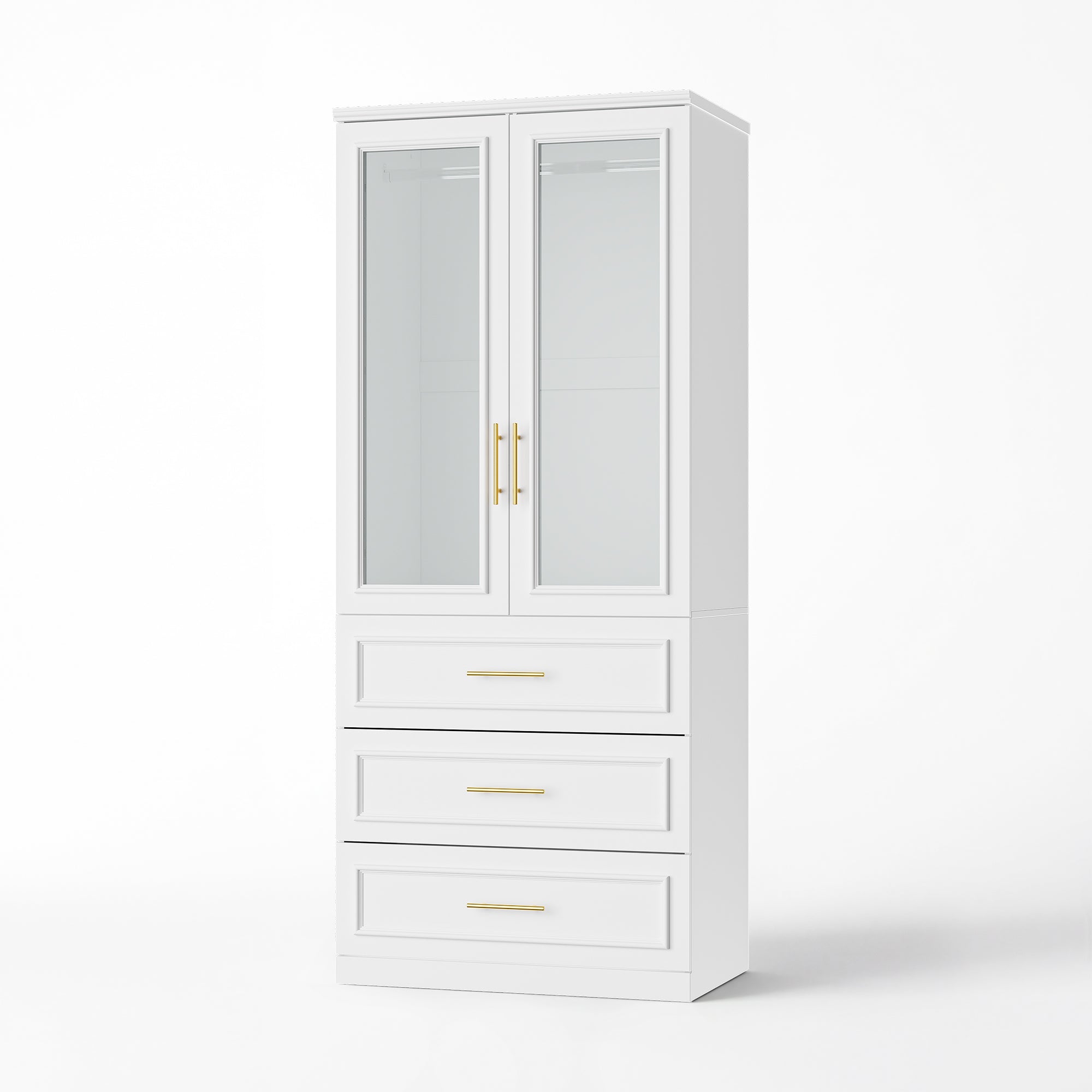 Armoire moderne blanche avec porte vitrée, tringle à vêtements et 3 tiroirs – 81 cm