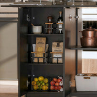 196 cm Modern Black Kitchen Island With Adjustable Shelves And Butcher Block Top