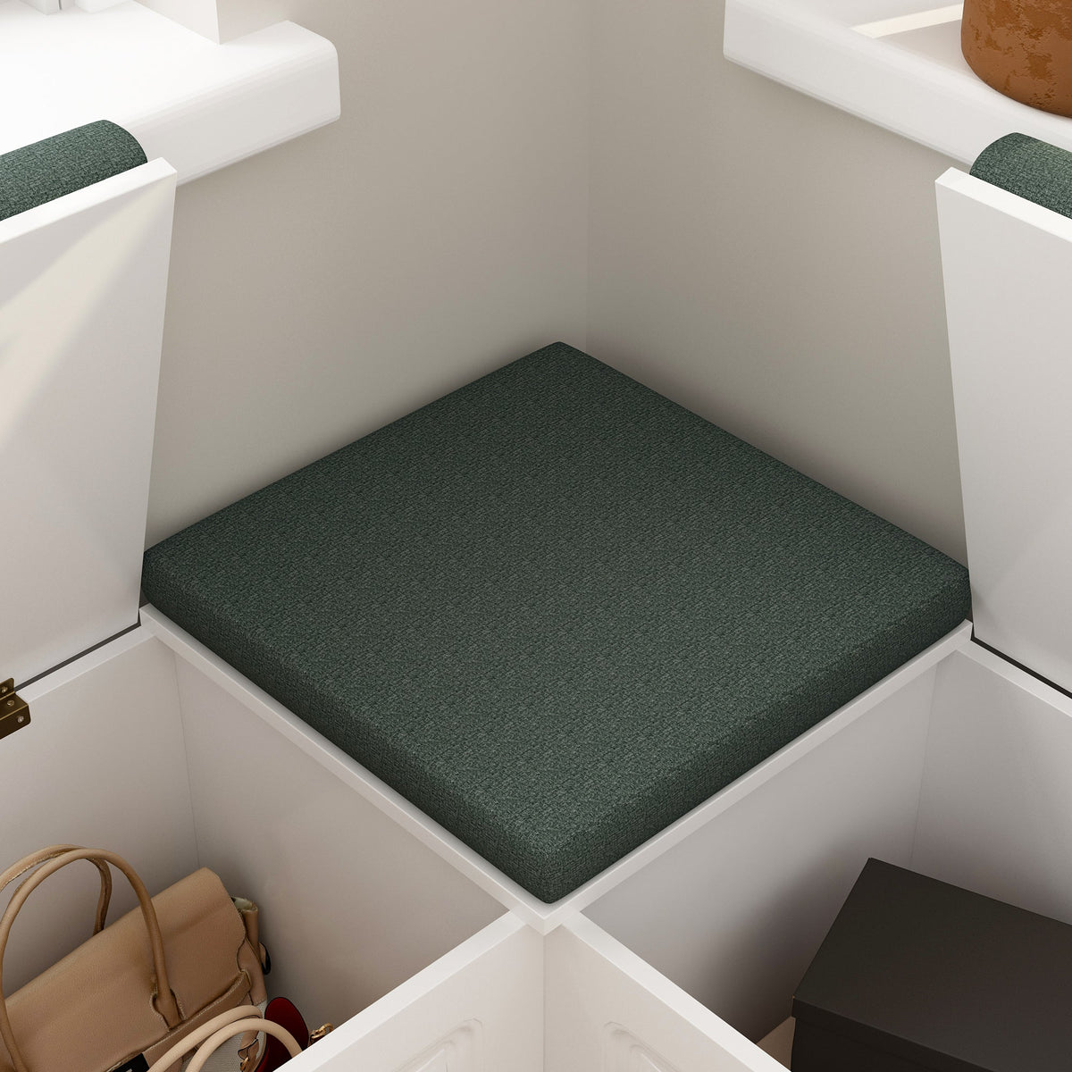 Meuble d'entrée d'angle moderne blanc avec coussin et rangement, 160 cm