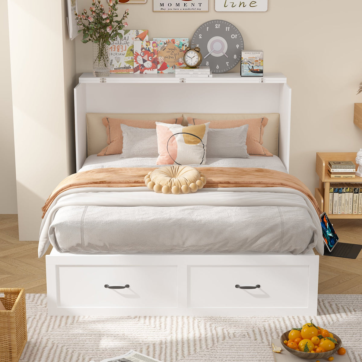 Lit escamotable blanc moderne et minimaliste de 157 cm avec prises électriques