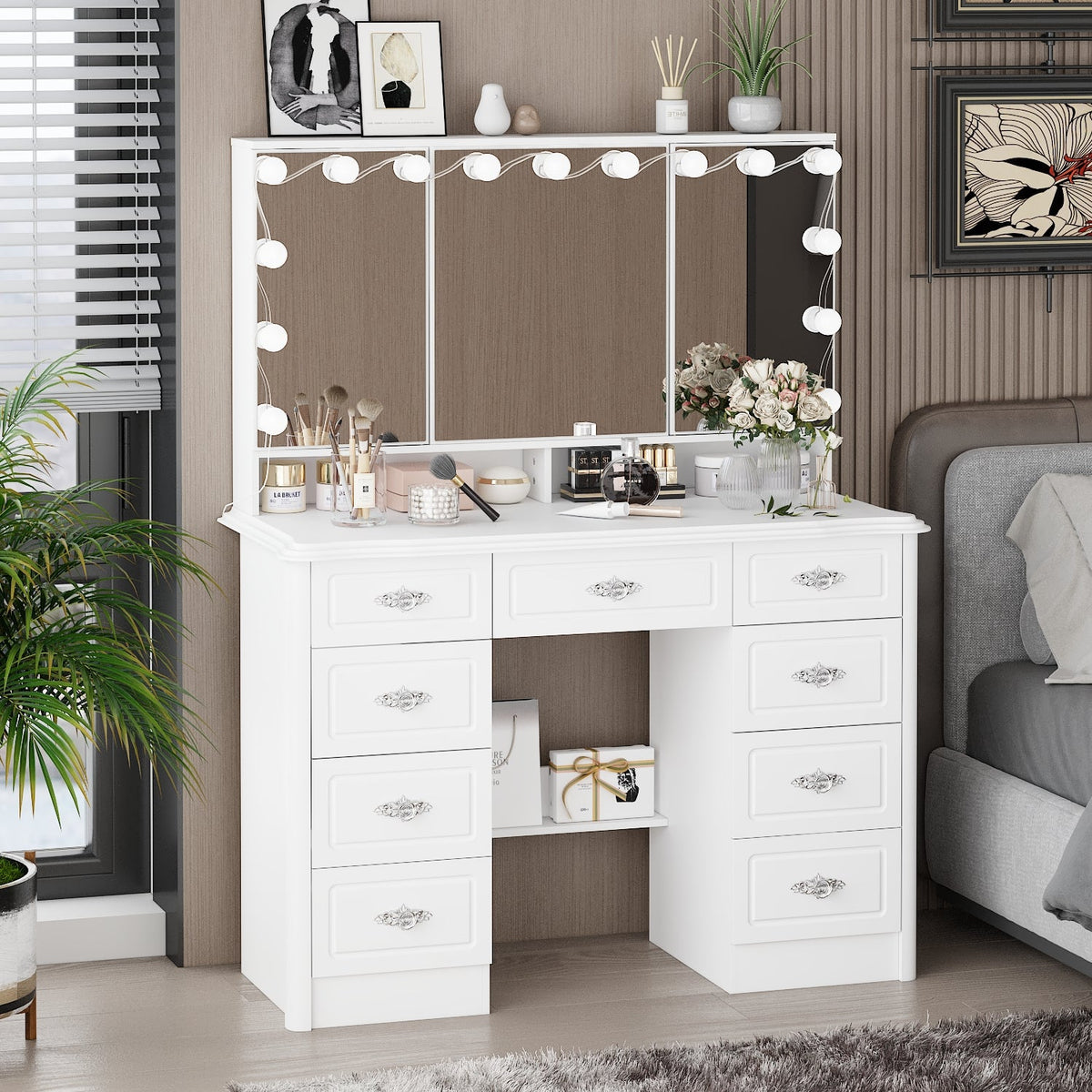 Table de toilette moderne minimaliste blanche de 110 cm avec 7 tiroirs, lumières et miroir