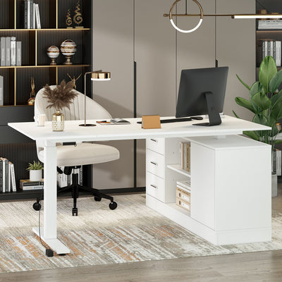 160 cm Modern Minimalist White Standing Desk With 3 Drawers, 2 Exterior Shelves, Electric Lift