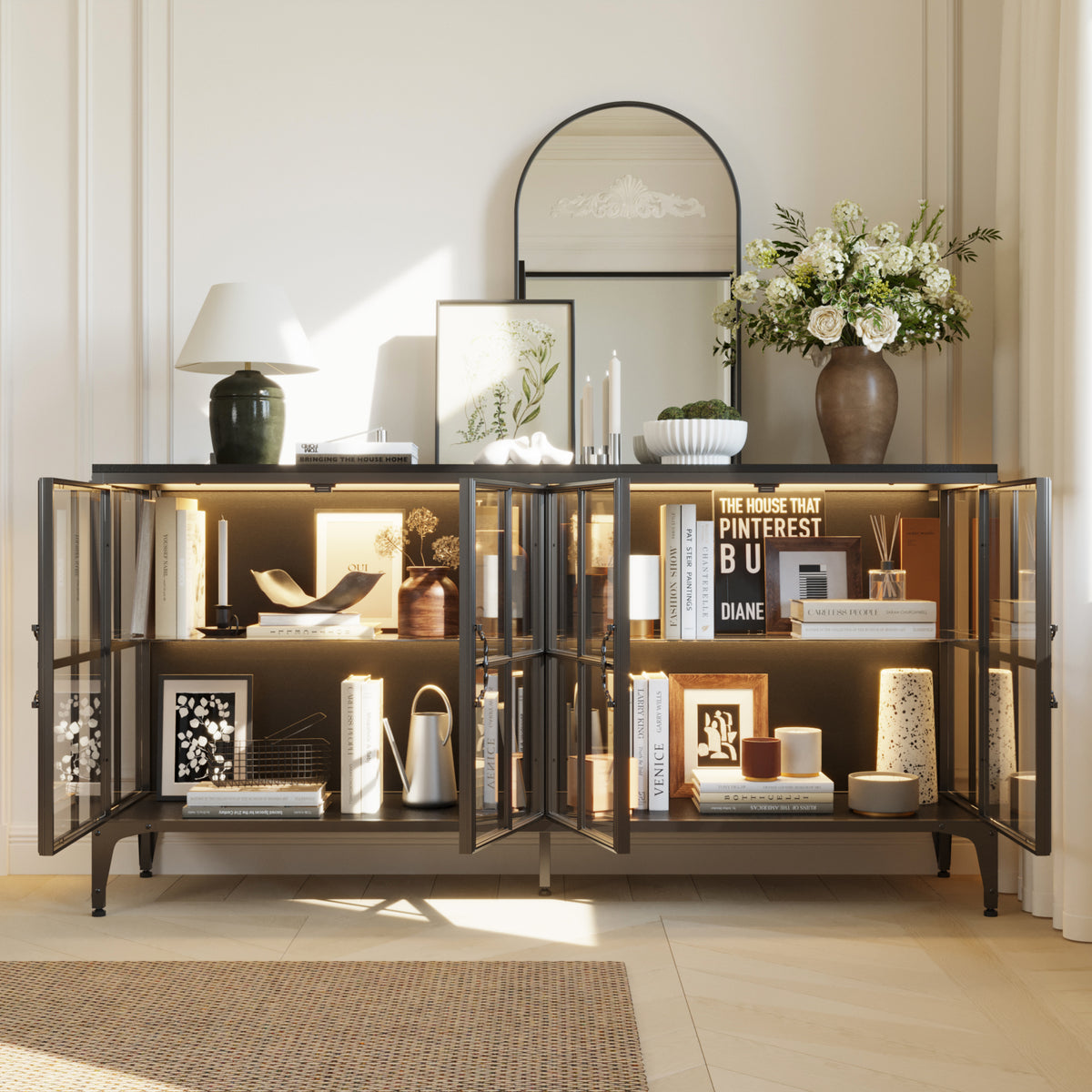 160 cm Modern Brown Sideboard Buffet Cabinet with 4 Doors and Gold Accents