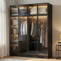Modern wardrobe with clothes and shelves in a well-lit room