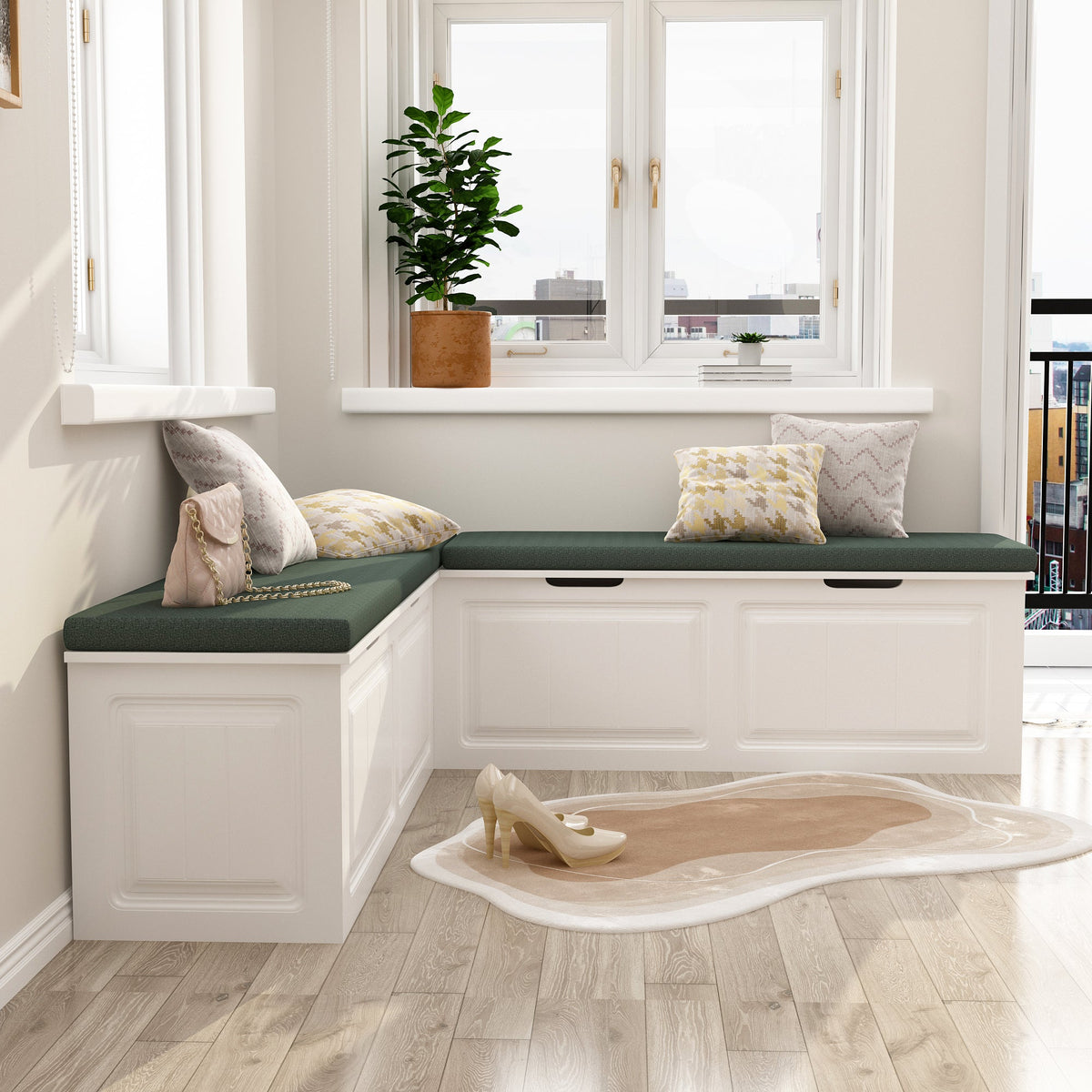Meuble d'entrée d'angle moderne blanc avec coussin et rangement, 160 cm