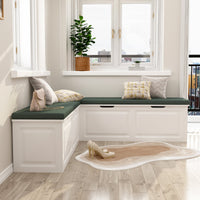 Meuble d'entrée d'angle moderne blanc avec coussin et rangement, 160 cm