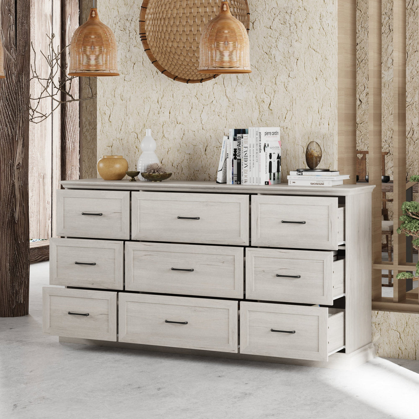 180 cm Modern White/Gray Dresser with 9 Drawers