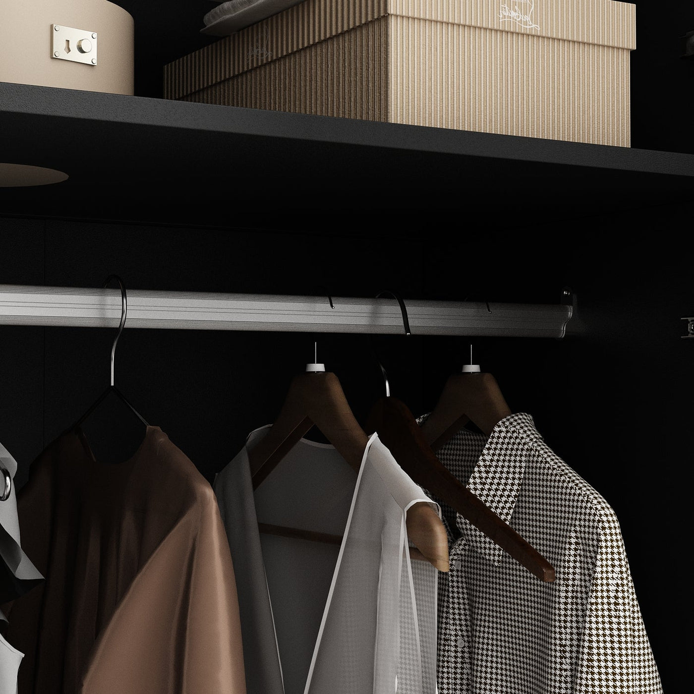 Modern wardrobe with clothes and shelves in a well-lit room