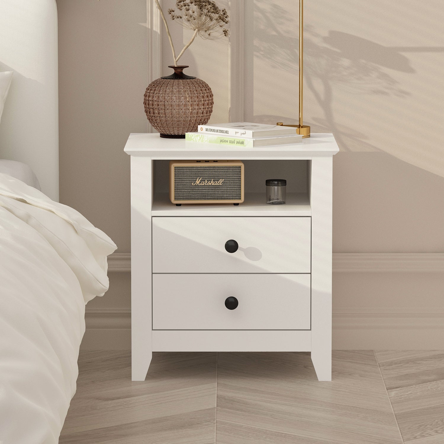End Table Side Table with 2 Drawers & Shelf Bedside Table Nightstand with Wooden Legs