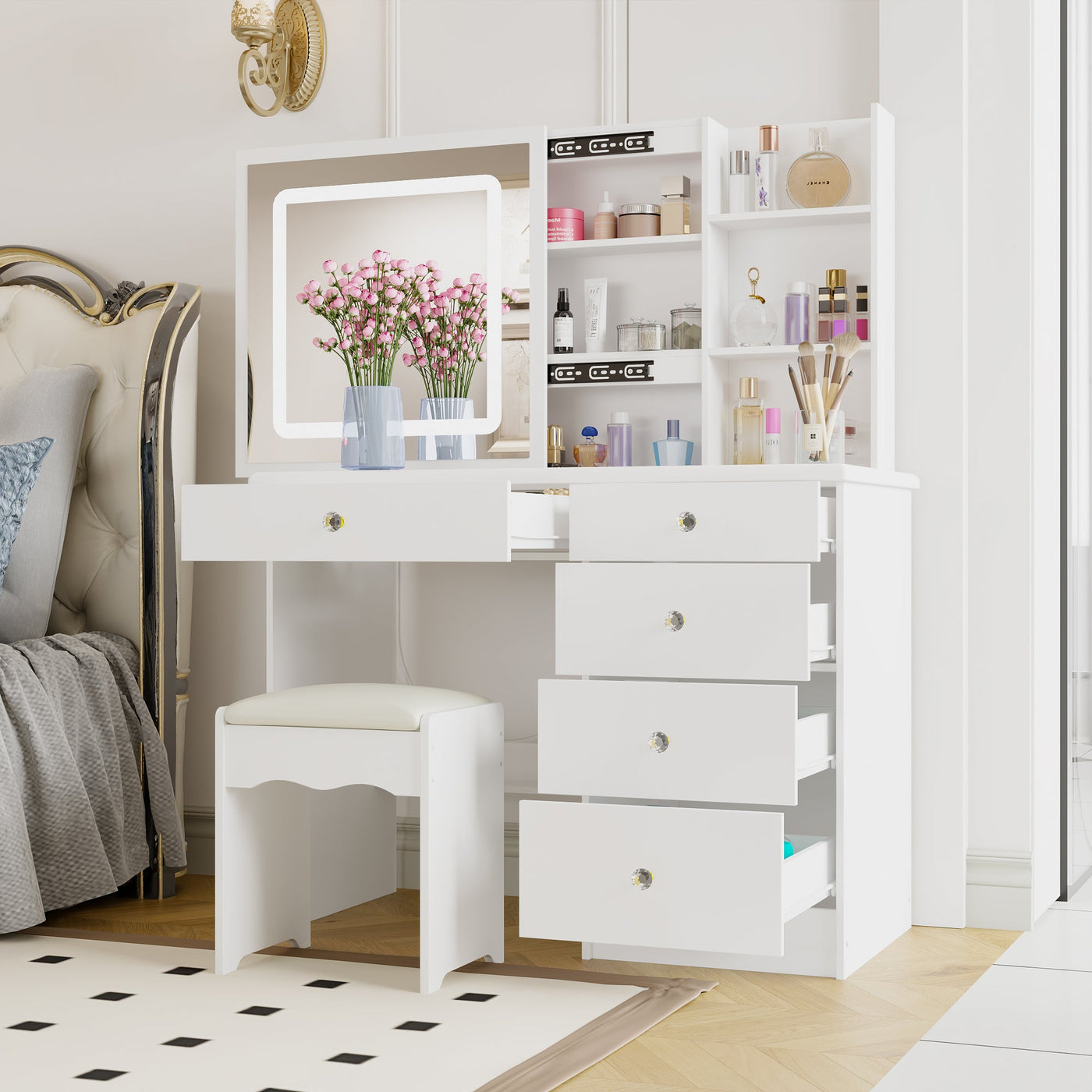 Table de toilette moderne blanche de 39,4 pouces, coiffeuse avec grand miroir coulissant éclairé et 5 tiroirs, étagères cachées