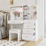 Table de toilette moderne blanche de 39,4 pouces, coiffeuse avec grand miroir coulissant éclairé et 5 tiroirs, étagères cachées