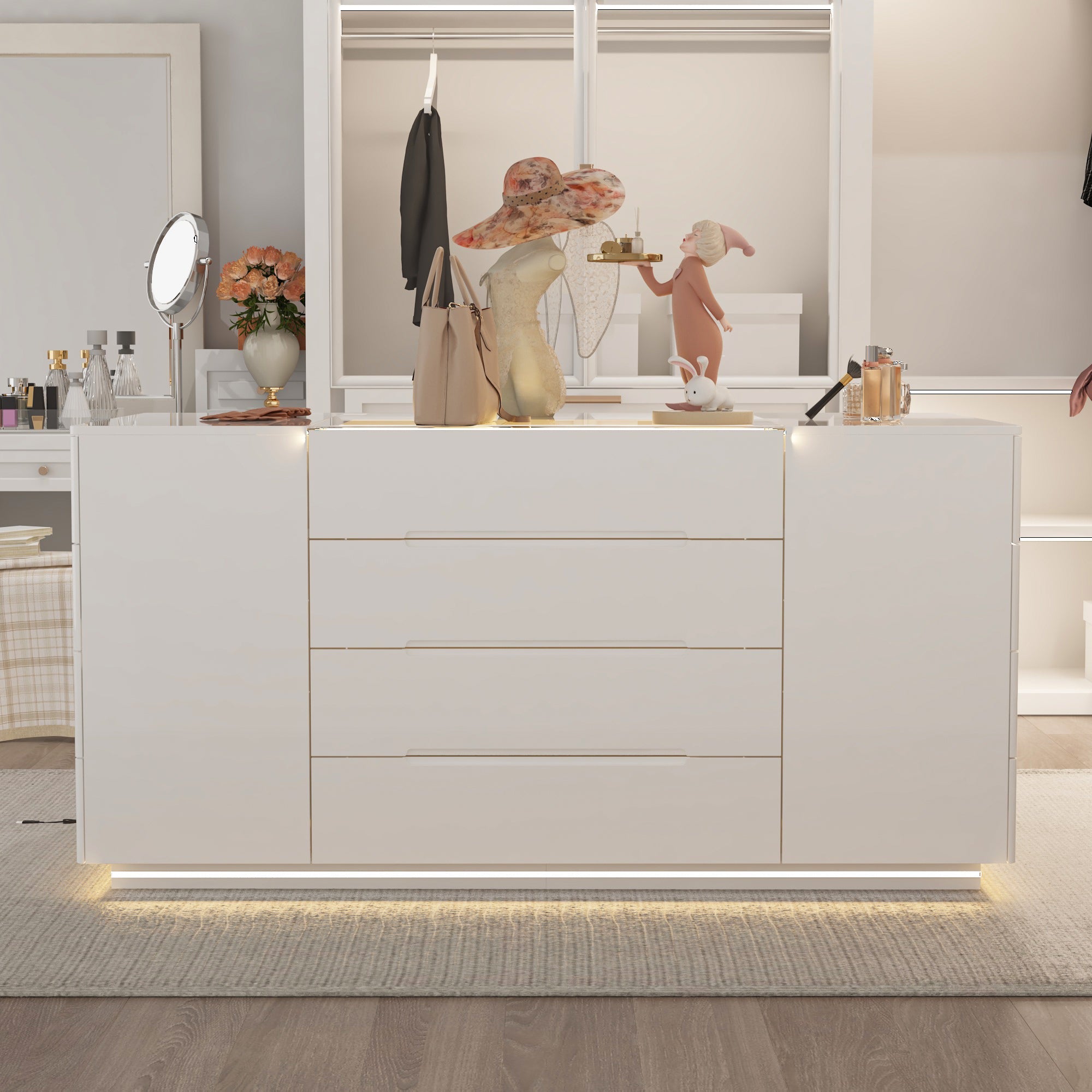Commode rectangulaire moderne blanche 16 tiroirs, 160 cm