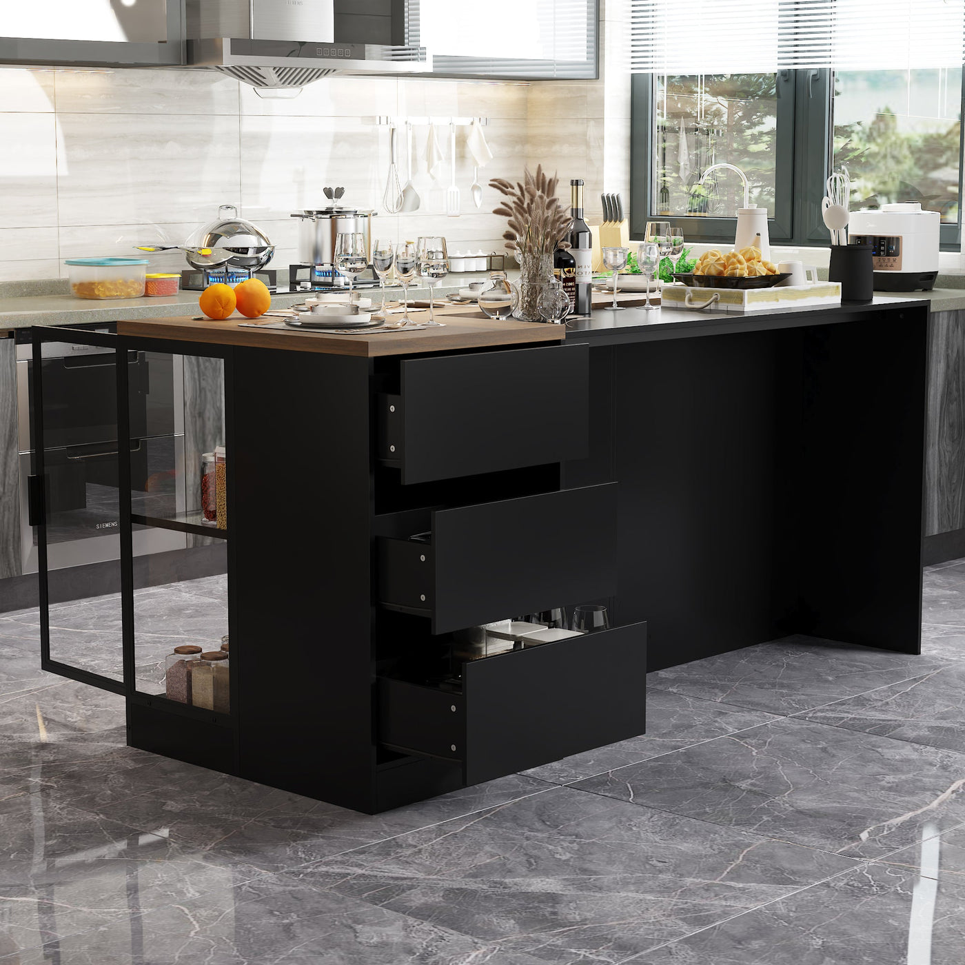 197cm Modern Elegant Black Kitchen Island with Glass Door, 3 Drawers and Lights