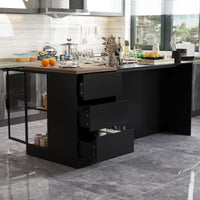 197cm Modern Elegant Black Kitchen Island with Glass Door, 3 Drawers and Lights