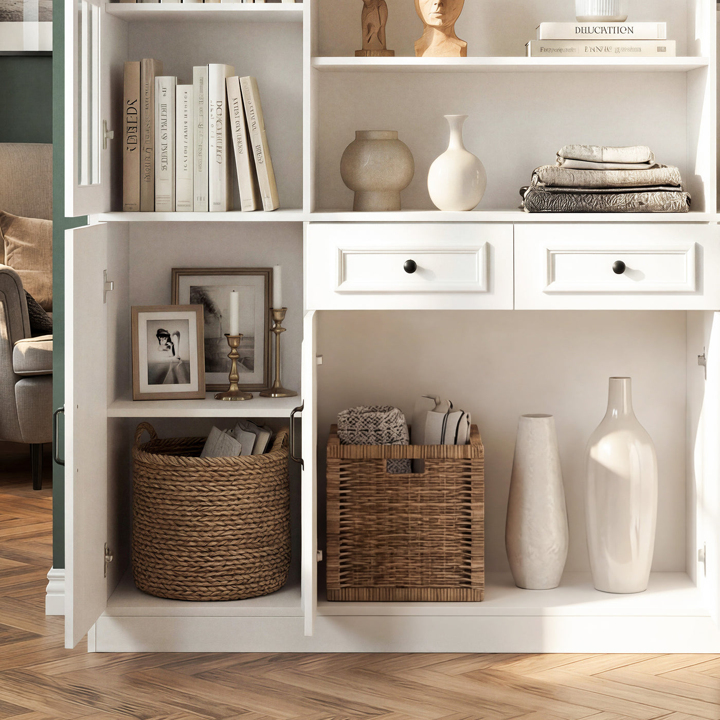 160 cm Modern White 2-Drawer Bookcase with Glass Doors