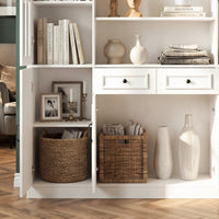 160 cm Modern White 2-Drawer Bookcase with Glass Doors