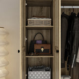 160 cm Rustic 4-Door Wardrobe Armoire with Rattan Paneling, 6 Drawers & 2 Hanging Rods