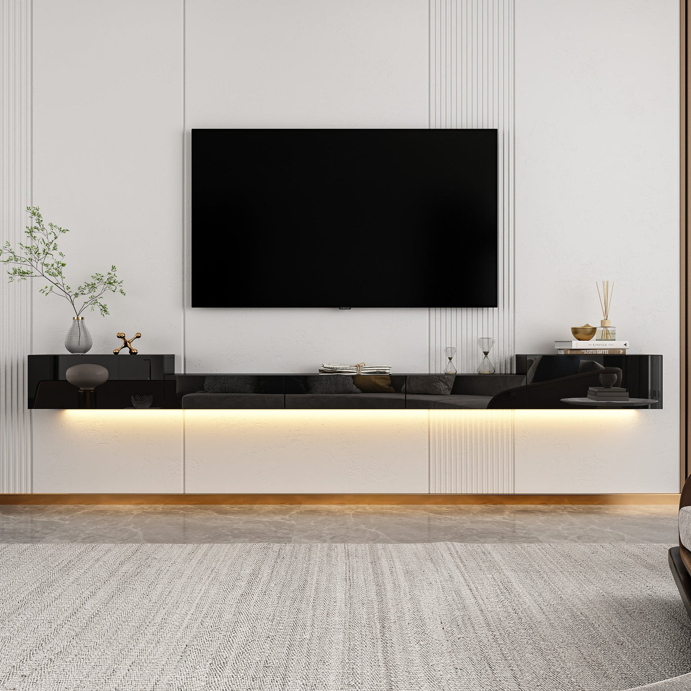280 cm Modern Minimalist Black TV Stand Floating High Gloss TV Stand With LED Light