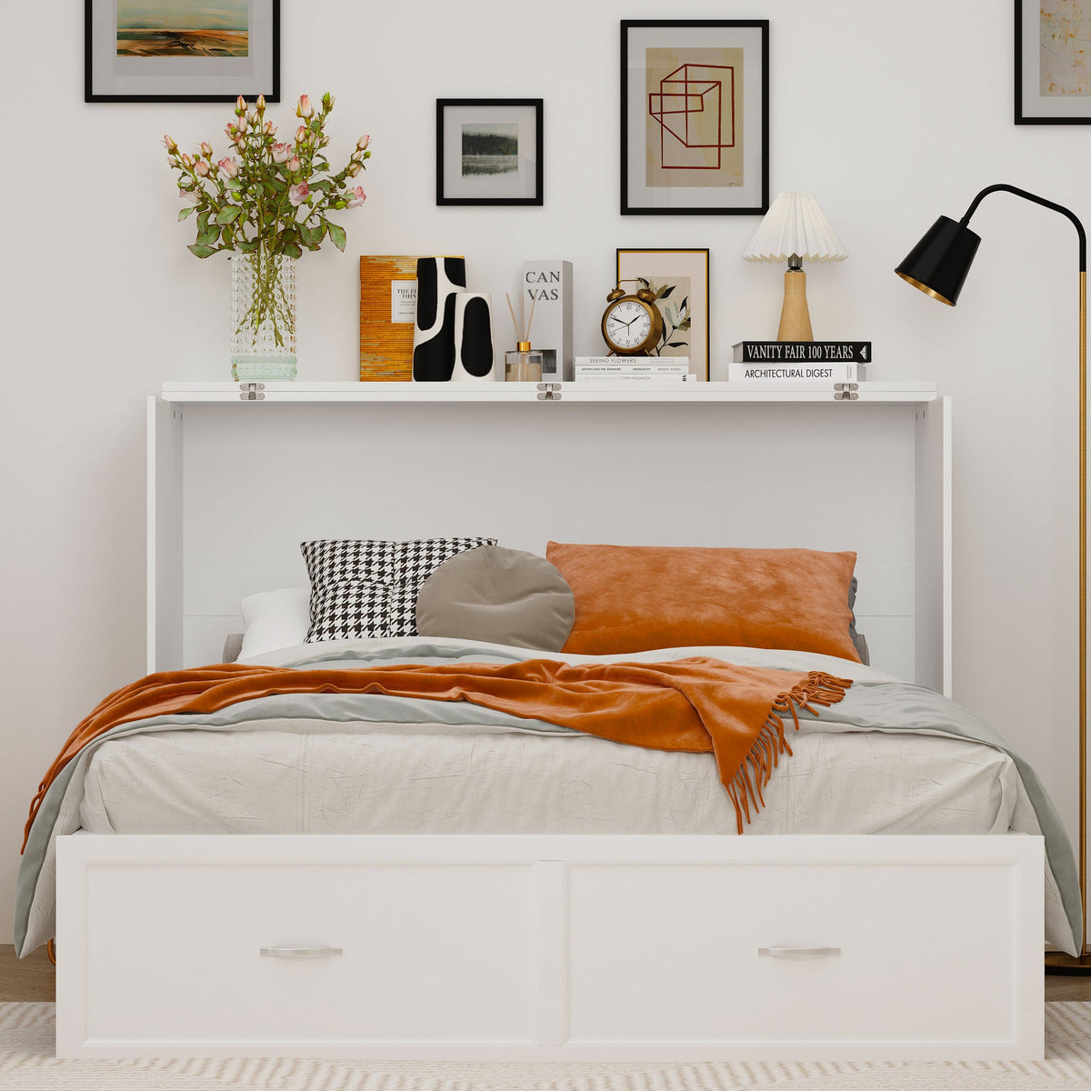 Lit escamotable blanc moderne et minimaliste de 157 cm avec prises électriques