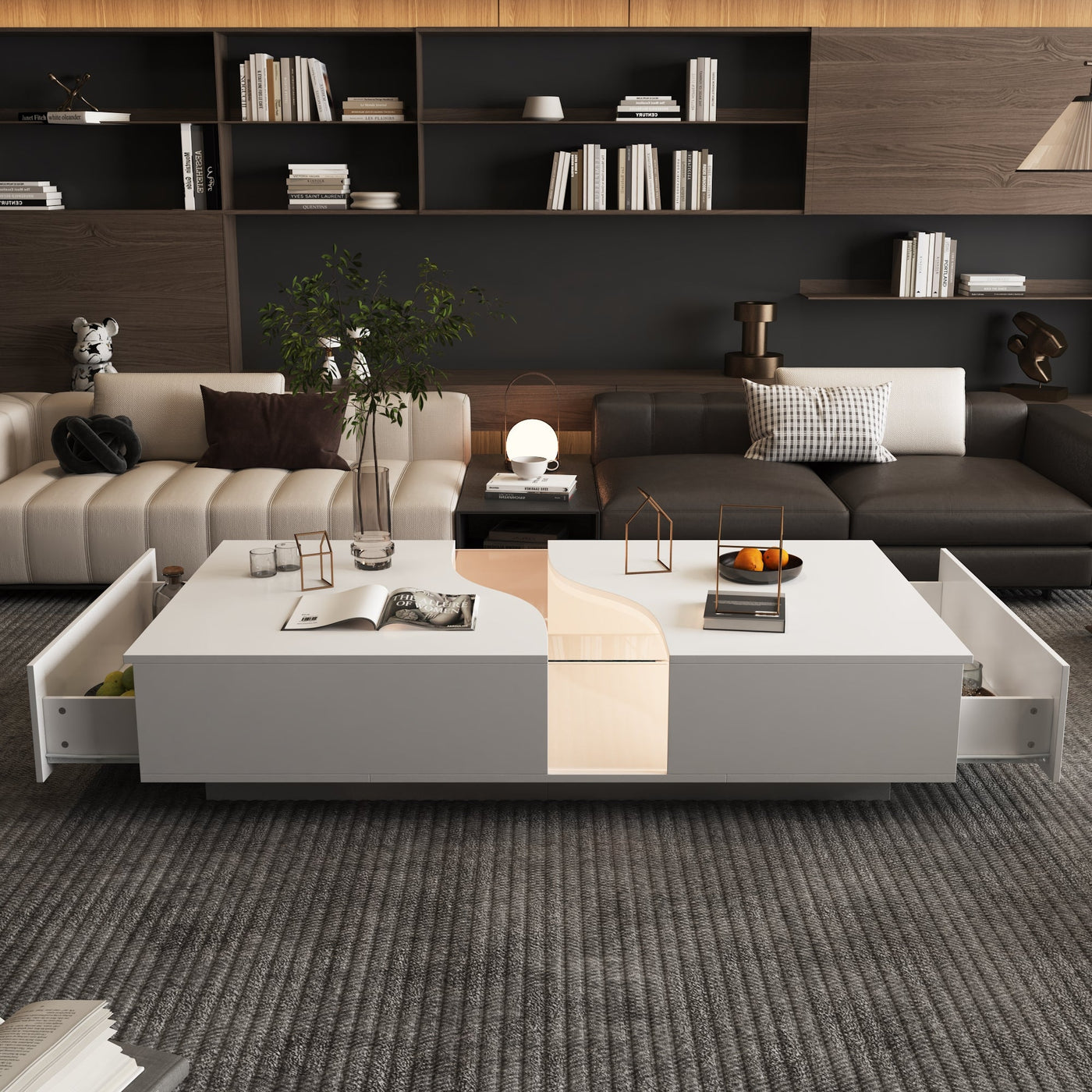 140 cm Modern Minimalist White Coffee Table With Light And Glass Finish In The Middle