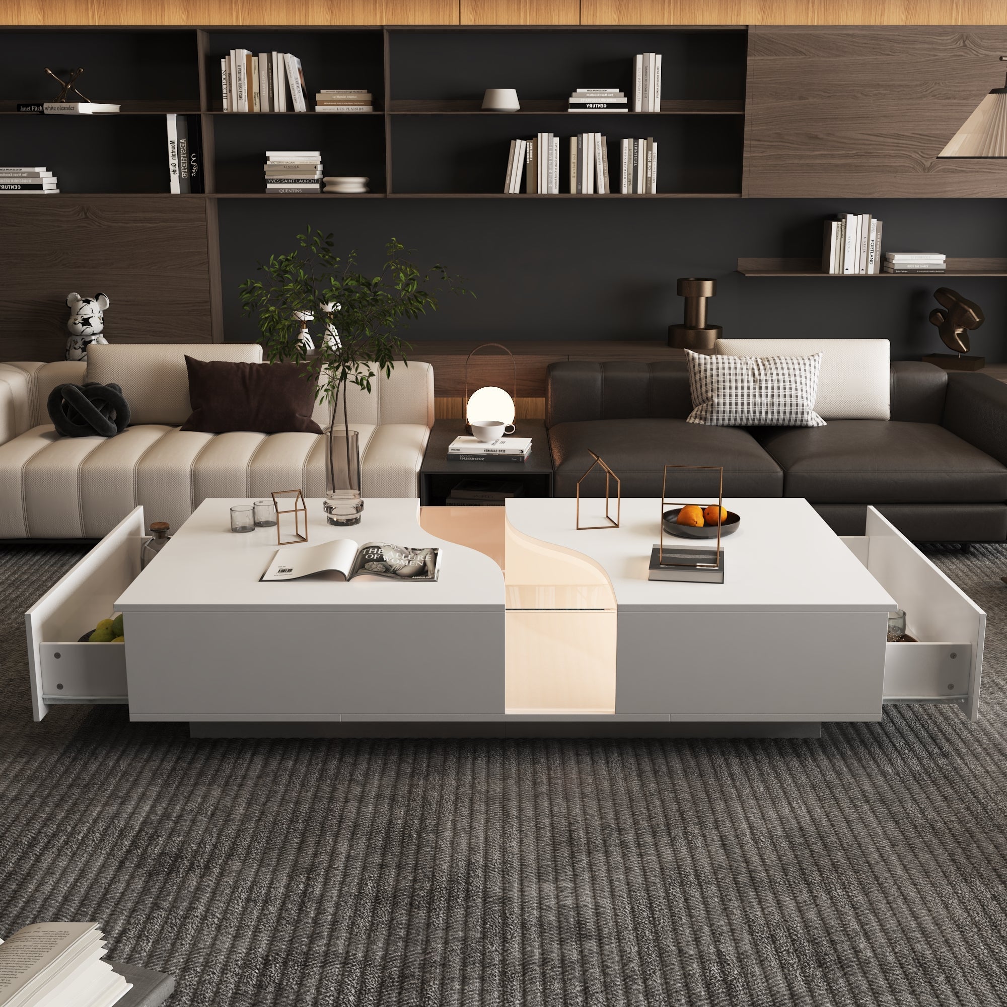 Table basse moderne minimaliste blanche de 140 cm avec éclairage et plateau en verre au centre