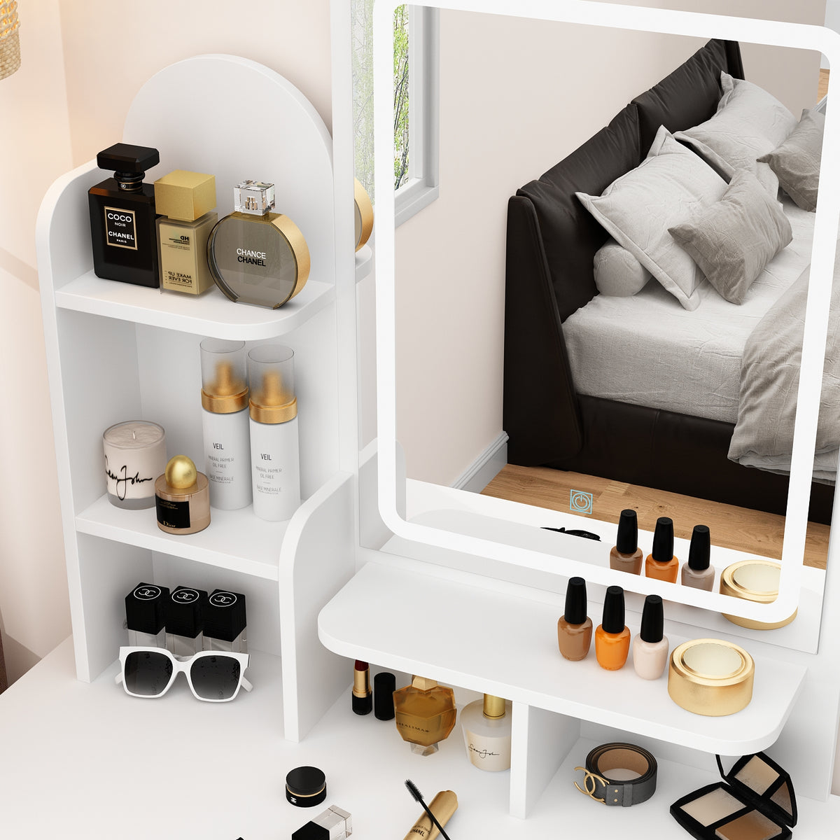 Coiffeuse moderne blanche élégante de 80 cm avec prise, miroir LED et tabouret