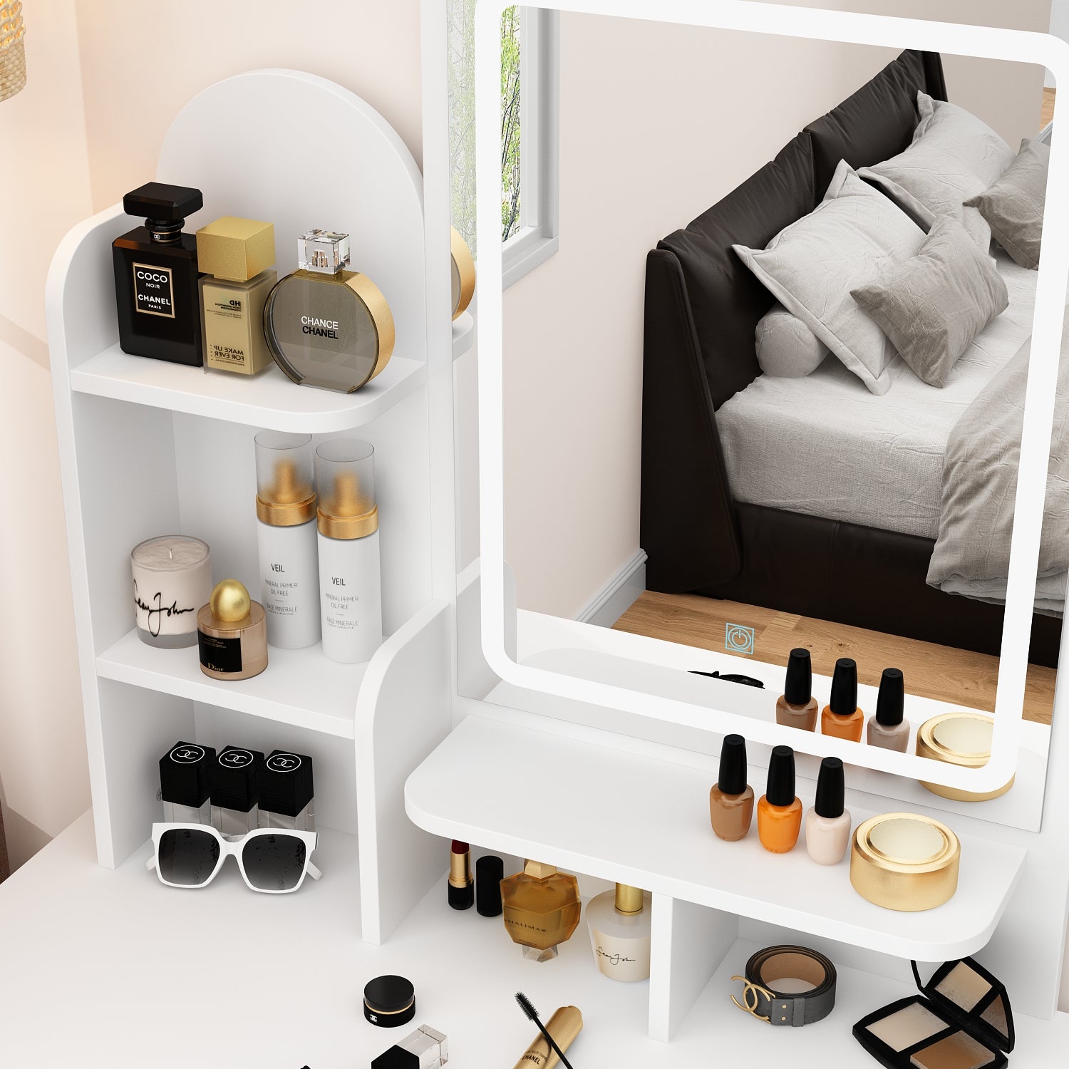 80 cm Modern White Glam Makeup Vanity Set with Socket, LED Light and Stool