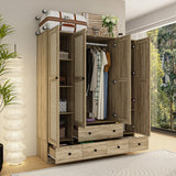 160 cm Rustic 4-Door Wardrobe Armoire with Rattan Paneling, 6 Drawers & 2 Hanging Rods