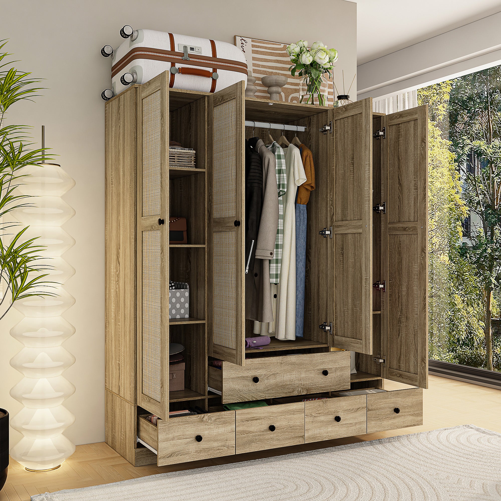 160 cm Rustic 4-Door Wardrobe Armoire with Rattan Paneling, 6 Drawers & 2 Hanging Rods