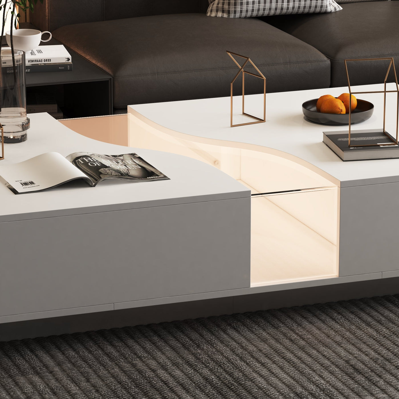 140 cm Modern Minimalist White Coffee Table With Light And Glass Finish In The Middle