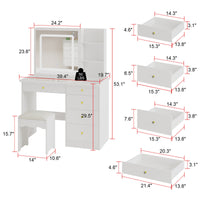 Table de toilette moderne blanche de 39,4 pouces, coiffeuse avec grand miroir coulissant éclairé et 5 tiroirs, étagères cachées